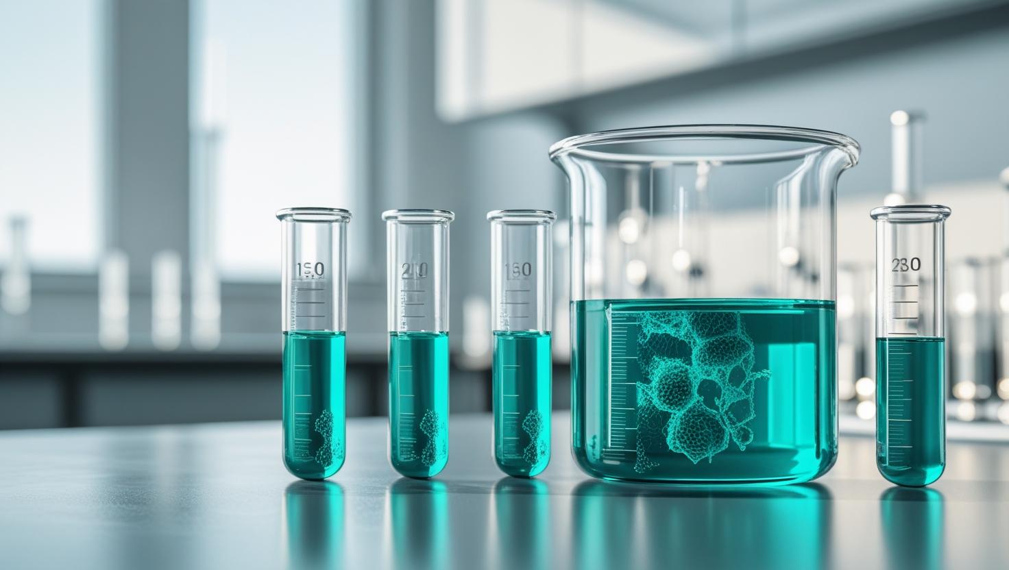 a group of test tubes with blue liquid in them