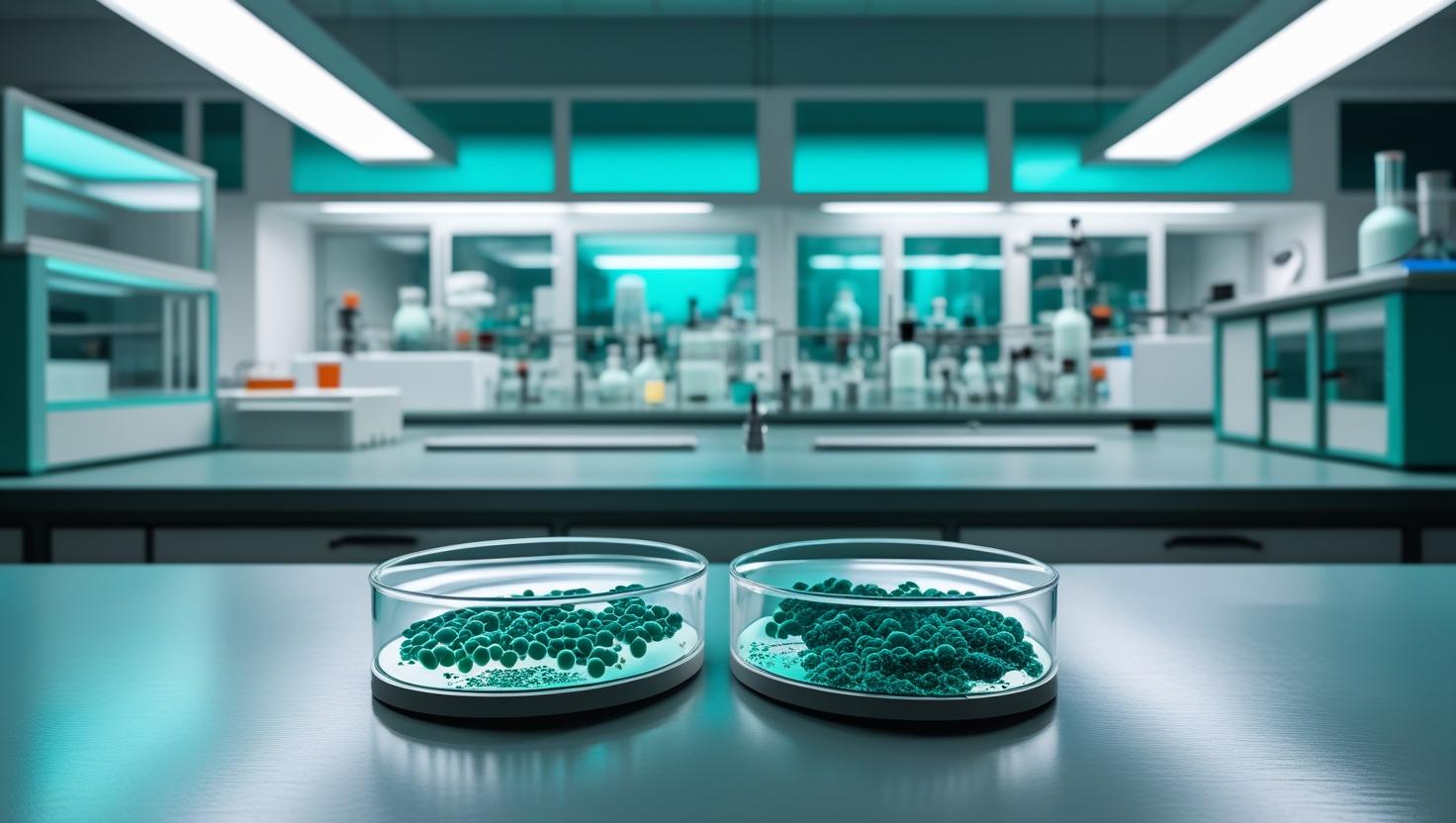 a two round petri dishes with green powder in them