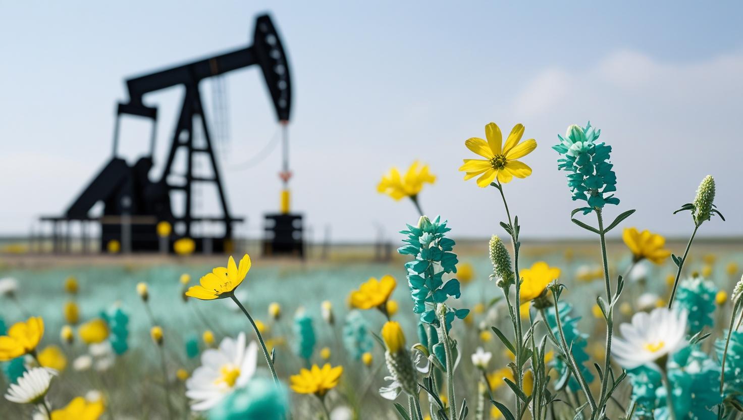 a field of flowers with a pump jack in the background