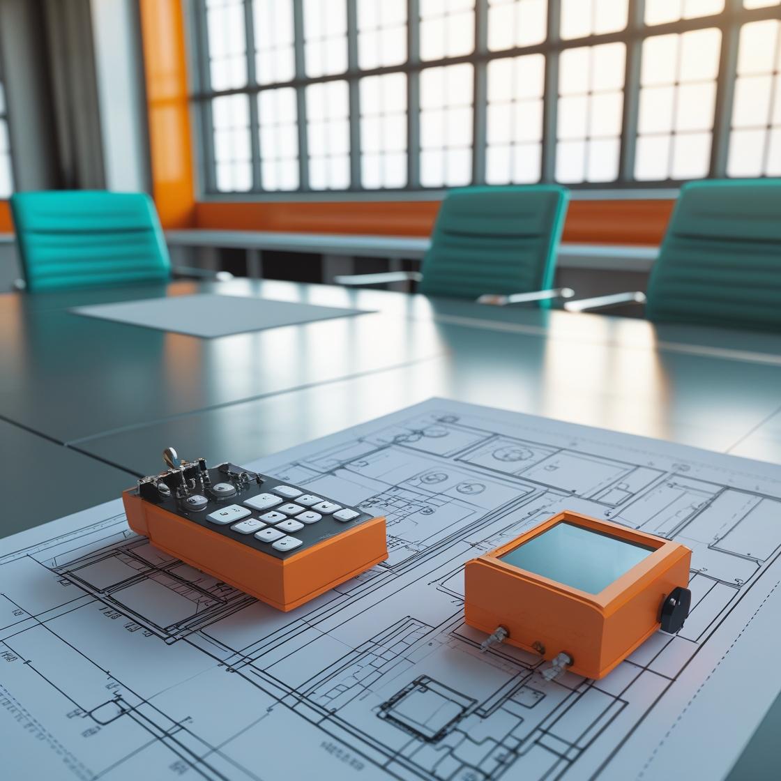 a table with a blueprint and an orange device on it