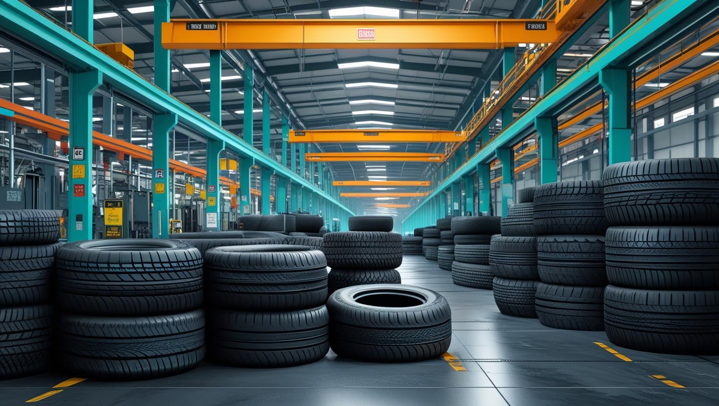 a large warehouse with tires stacked on top of each other