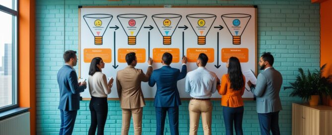 a group of people looking at a whiteboard with the marketing funnel drawn on it