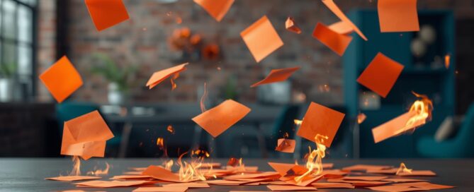 Burning orange post it notes in mid-air of an industrial style office.