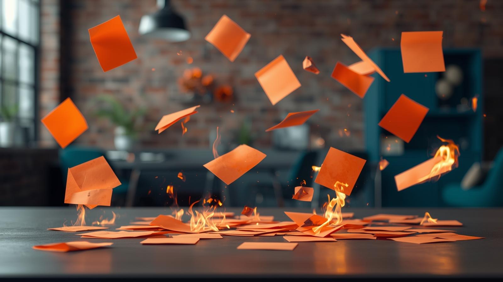 Burning orange post it notes in mid-air of an industrial style office.